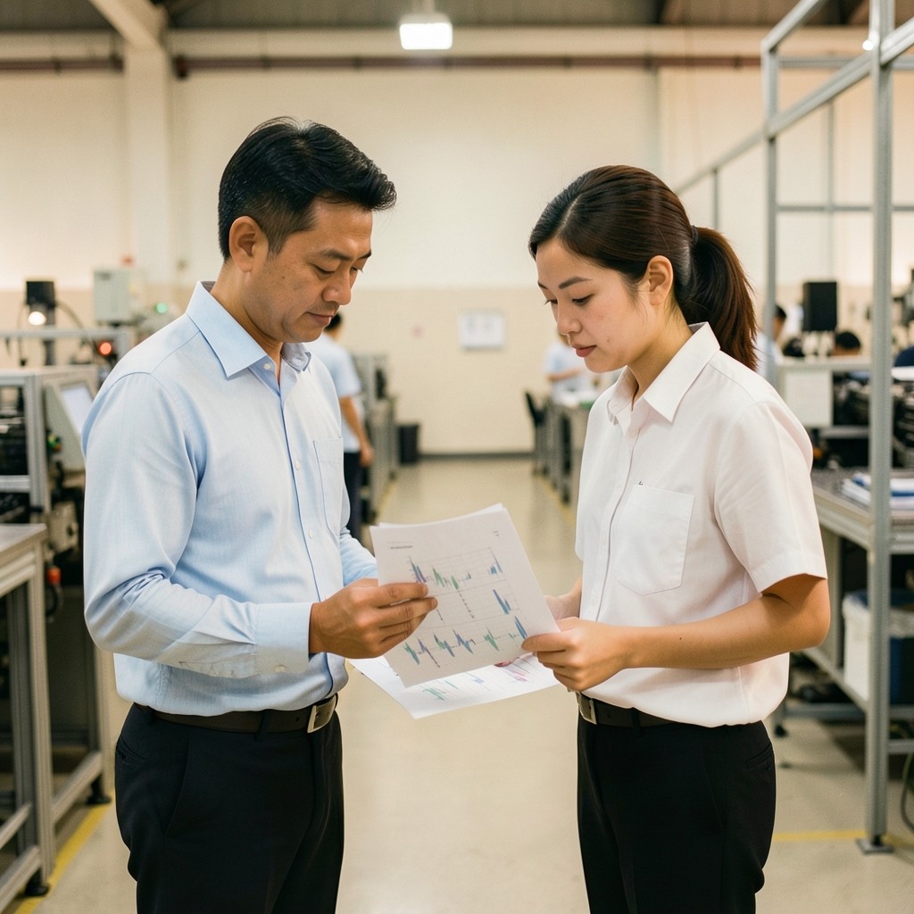 System Latticehub analysts discussing quality charts with a plant supervisor