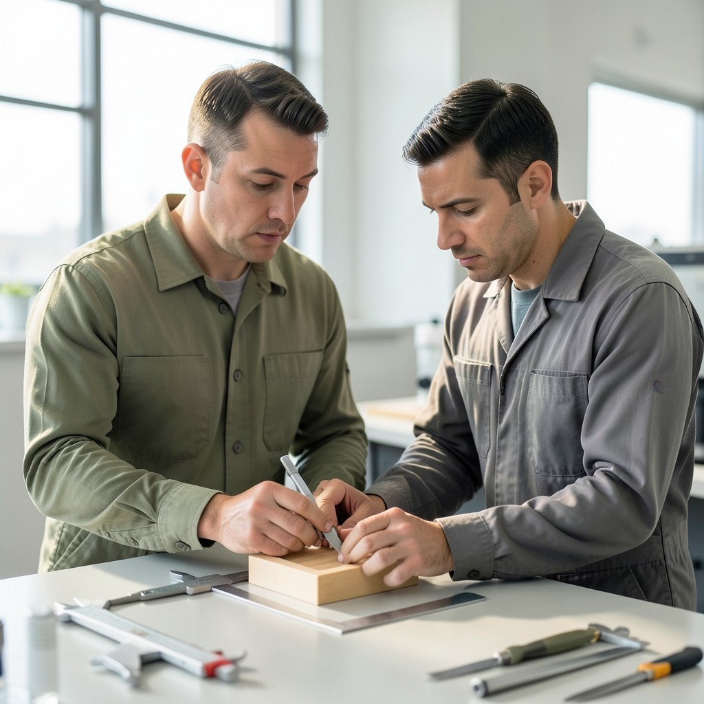 Supervisor and inspector reviewing a first-piece sample at a station