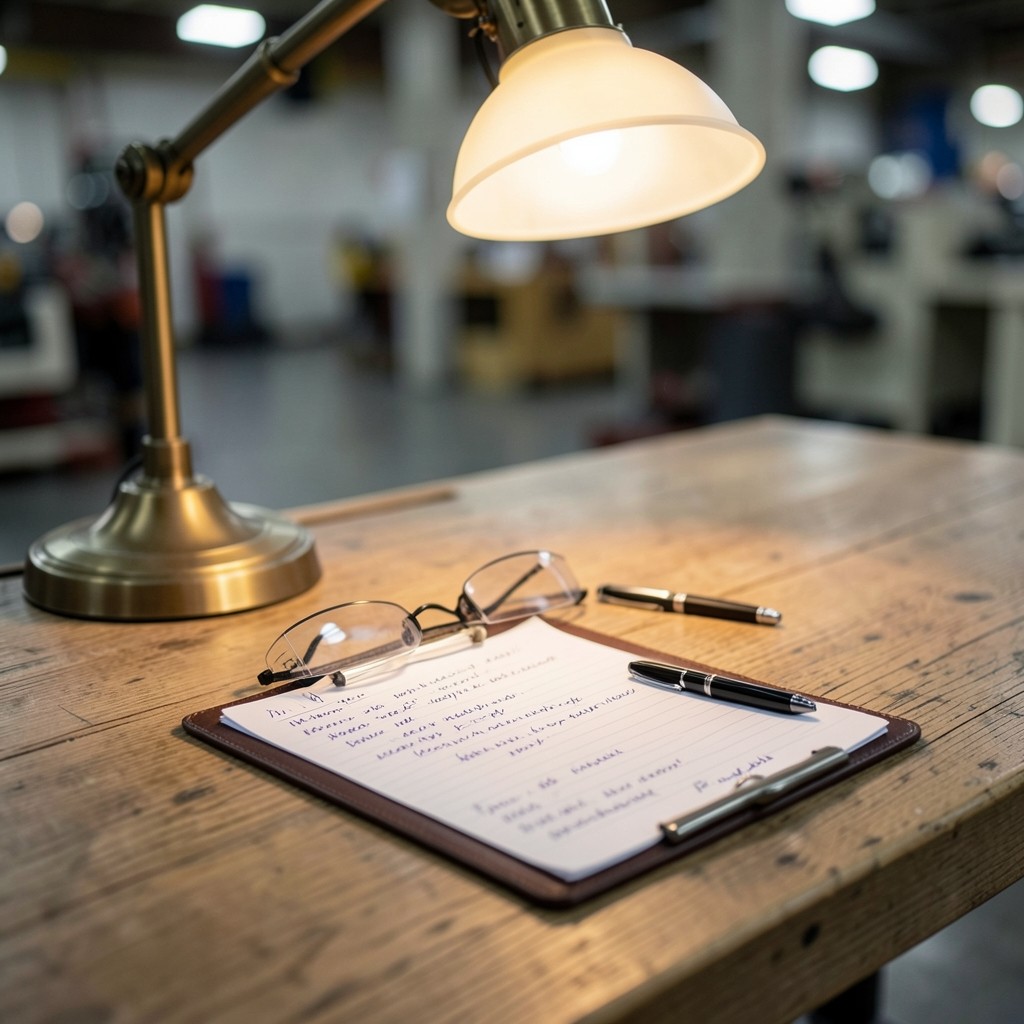 Clipboard with handwritten shift handover notes at a plant supervisor desk