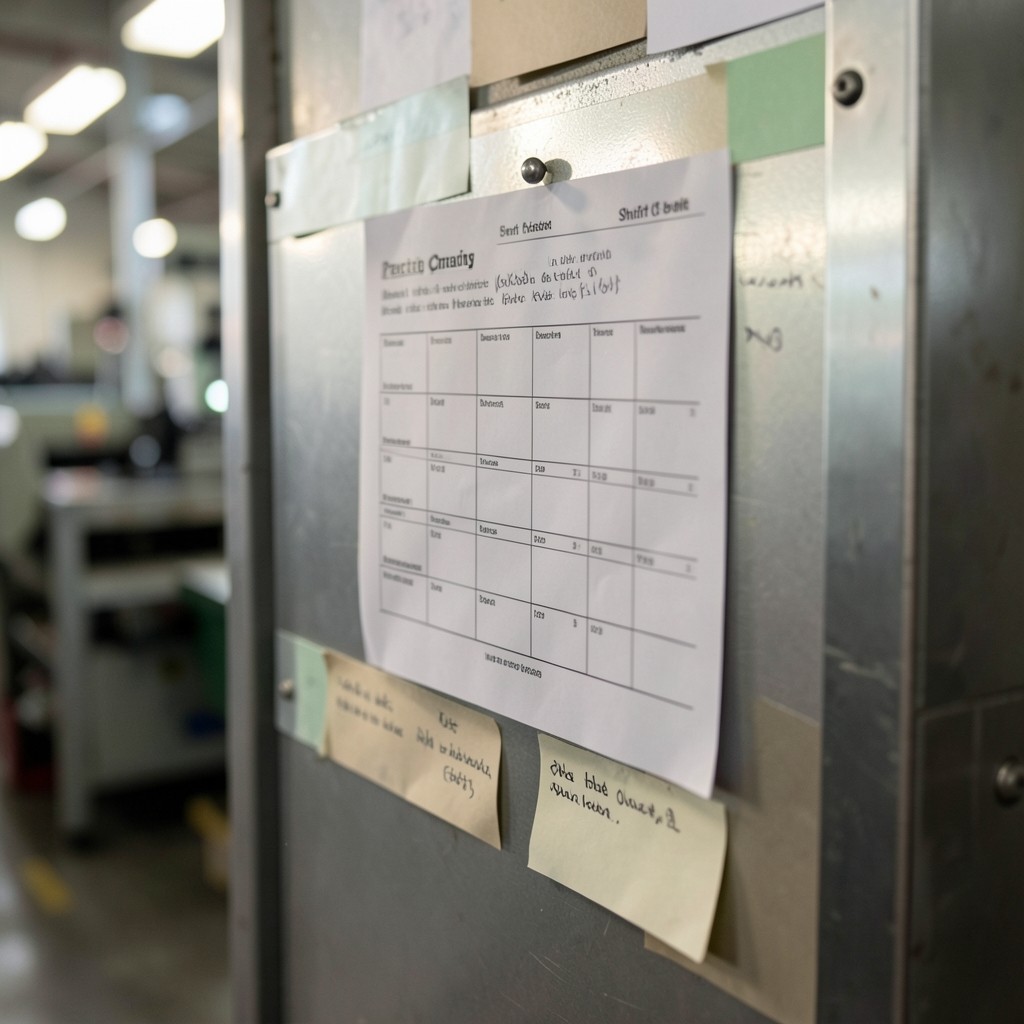 Printed Pareto chart of scrap categories on a plant briefing board