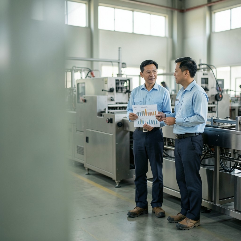 Plant supervisors reviewing quality charts beside an active manufacturing line in Thailand