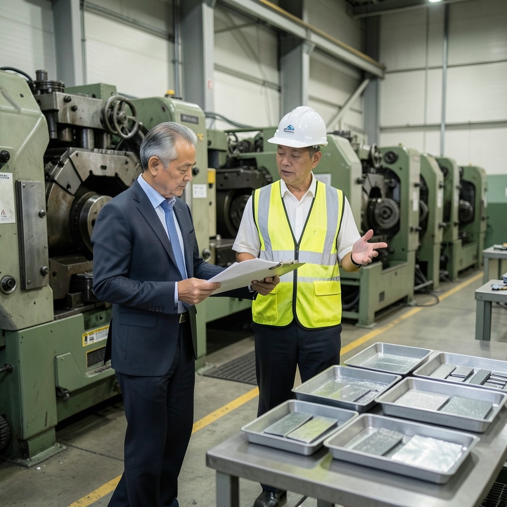 Plant supervisors reviewing quality charts beside a production line