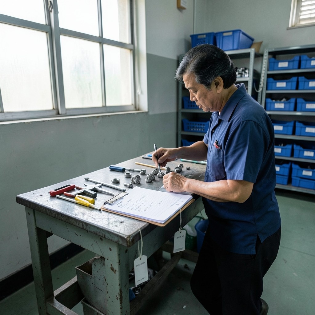 Quality inspector checking incoming parts next to recorded inspection sheets